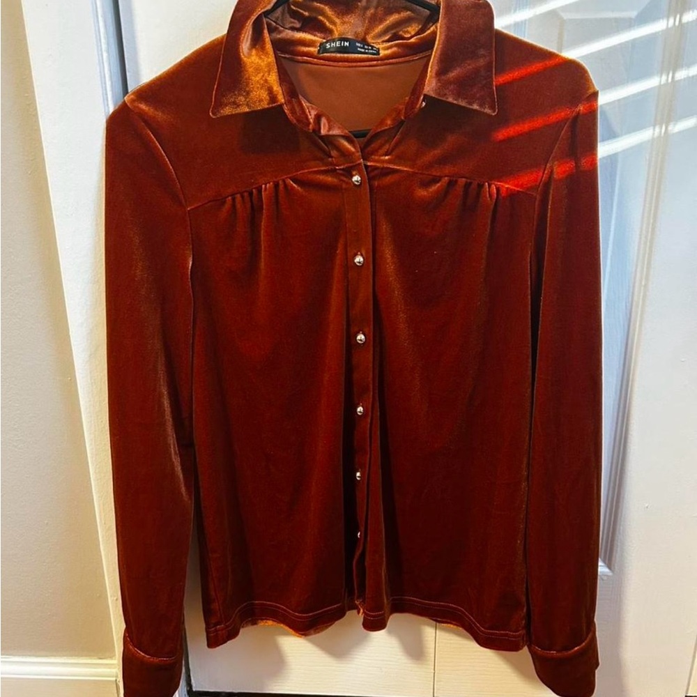 SHEIN Women's Velvet Button-Down Shirt - Deep Rust